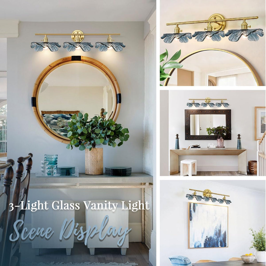 Vintage Bathroom lighting fixtures Gold Brass Bathroom Vanity Light 3-Light Modern Wall Sconce Indoor Wall Light with Blue Glass flower Shade Mid Century Wall Lighting for Bedroom Hallway Living Room