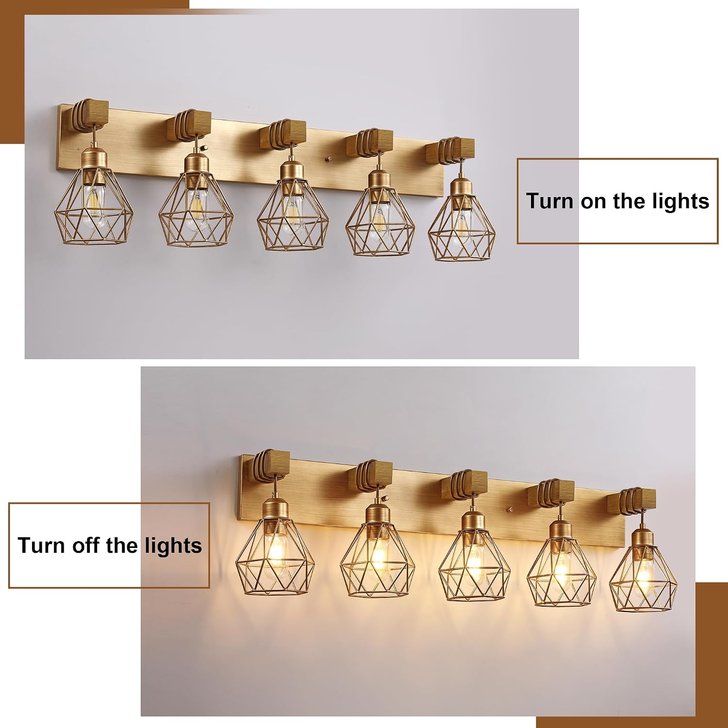 VbiTmn Farmhouse Bathroom Light Fixtures, 5-Light Gold Bathroom Vanity Light, Rustic Matte Antique Brass Finish with Metal Lampshade, Wall Sconces for Bedroom, Living Room, Hallway