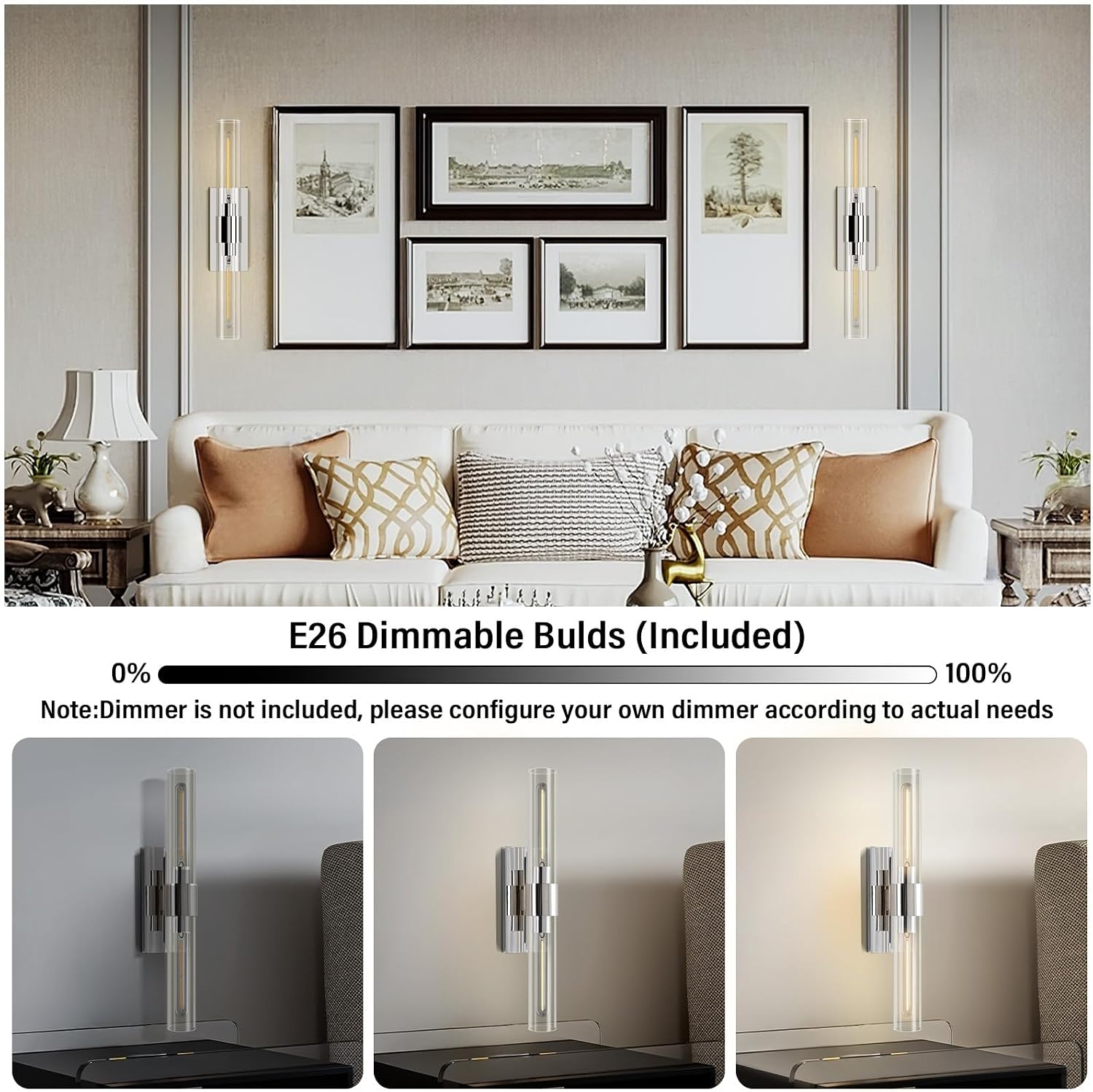 Nickel Wall Sconces Set of Two, Brass 22.8' Sconces Wall Lighting,Bathroom Vanity Lights with Clear Glass Shade for Mirror, Living Room, Bedroom, Hallway, Fireplace, Staircas（Including Bulb）