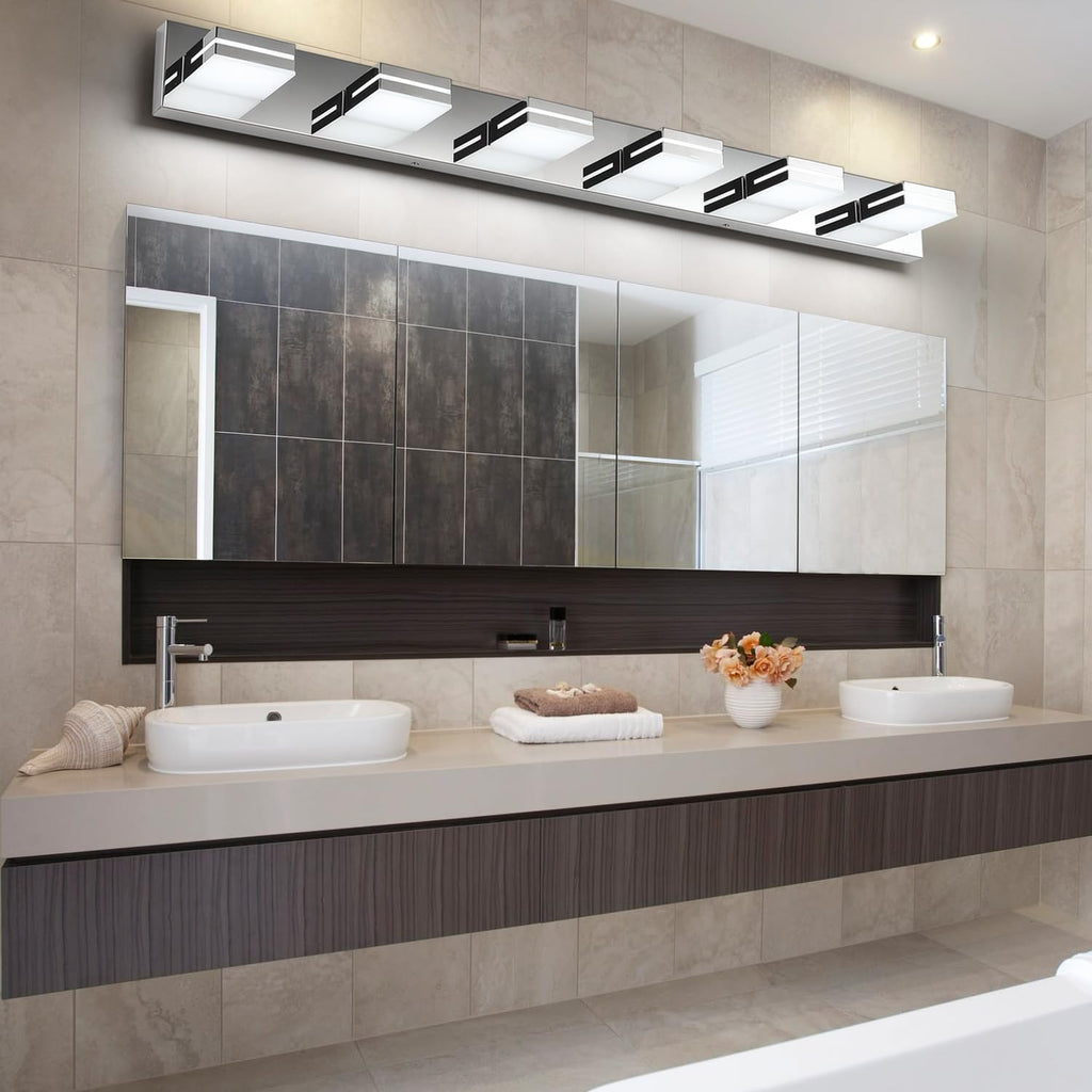 SineRise LED Modern Bathroom Vanity Light Fixtures (6-Light, 48-Inch, Dimmable), Chrome Modern Acrylic Bathroom Wall Lighting Fixtures Over Mirror (Cool White 6000K)
