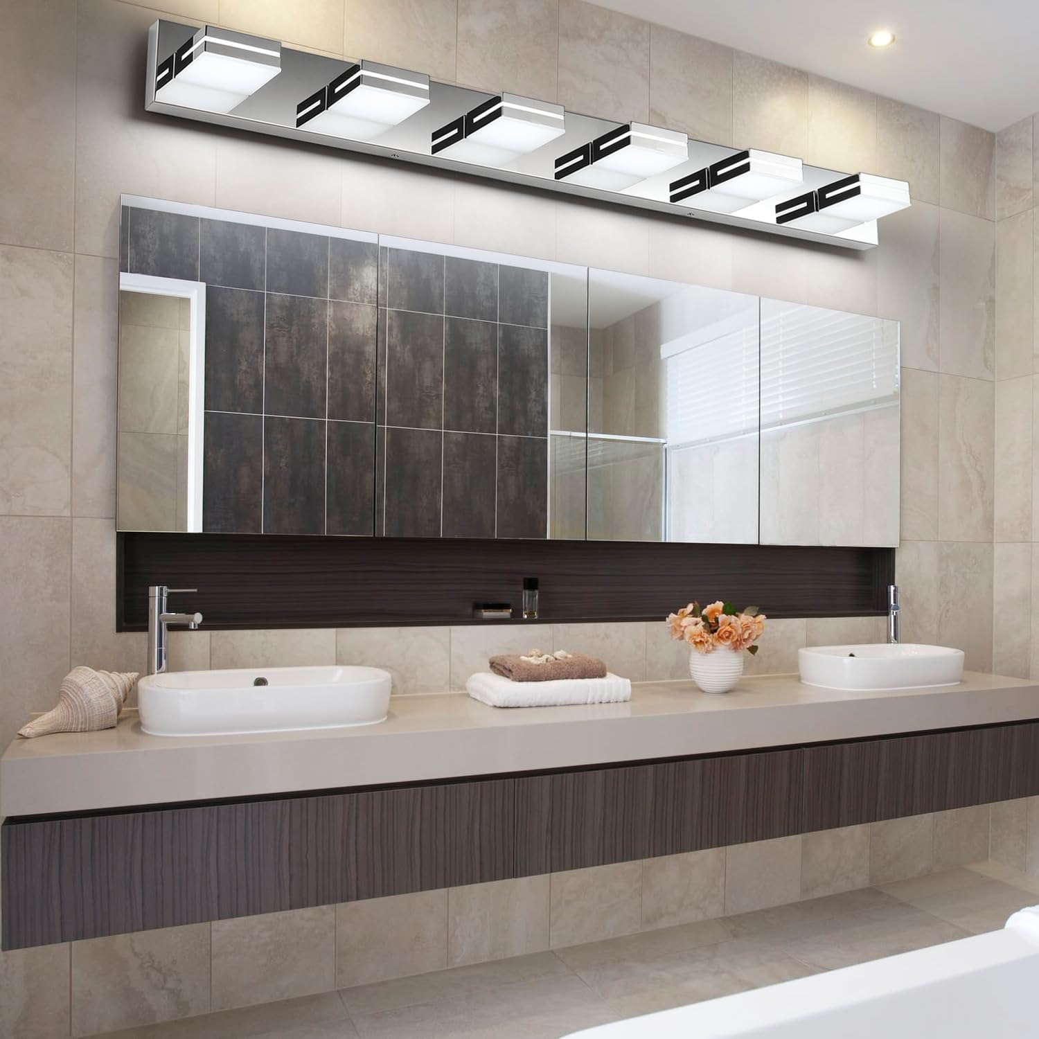 SineRise LED Modern Bathroom Vanity Light Fixtures (6-Light, 48-Inch, Dimmable), Chrome Modern Acrylic Bathroom Wall Lighting Fixtures Over Mirror (Cool White 6000K)