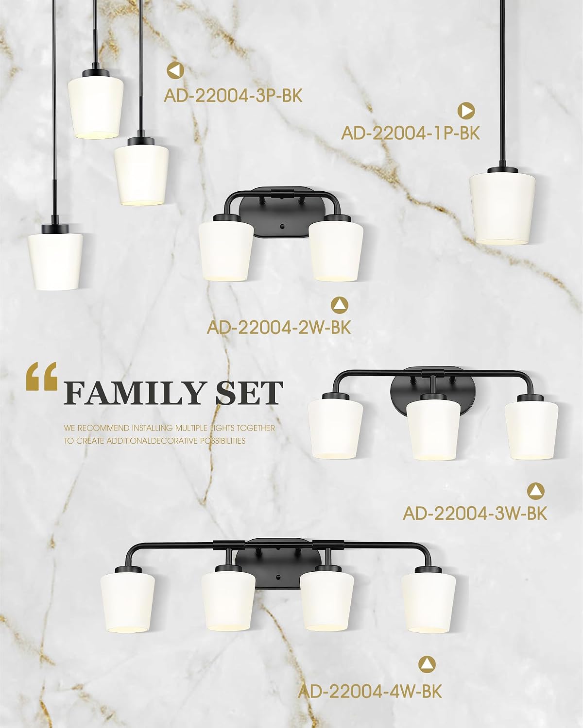 4-Light Black Bathroom Light Fixtures Over Mirror, White Glass | Vanity Lighting Fixtures with Milk White Glass, Vintage Farmhouse Wall Sconces Lighting, AD-22004-4W-BK