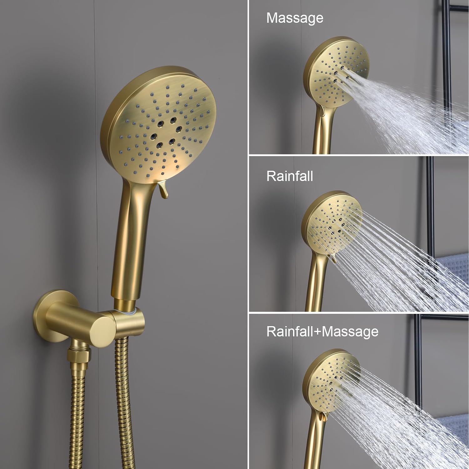 Iriber Shower System Ceiling Mounted Shower Faucet Mixer Set with Luxury High Pressure Shower head and 3-Setting Handheld, Bathroom Shower Trim Kit Contain Pressure Balance Valve,Brushed Gold