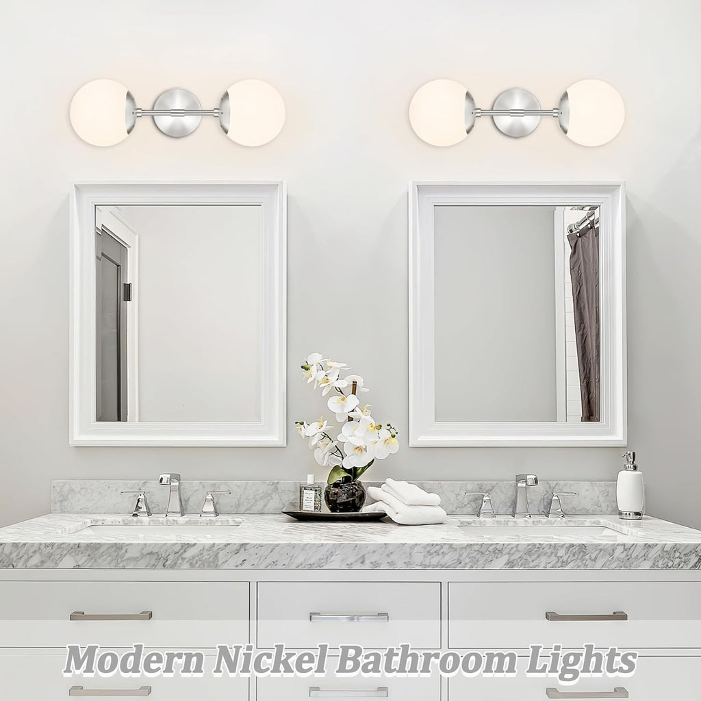 KoKo&Yukina Nickel 2 Pack Vanity Light Fixtures Mid Century Modern Bathroom Vanity Light Globe Sconce with Milky White Glass for Bathroom Bedroom