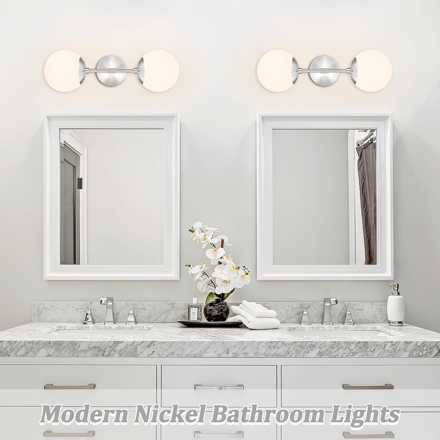 KoKo&Yukina Nickel 2 Pack Vanity Light Fixtures Mid Century Modern Bathroom Vanity Light Globe Sconce with Milky White Glass for Bathroom Bedroom
