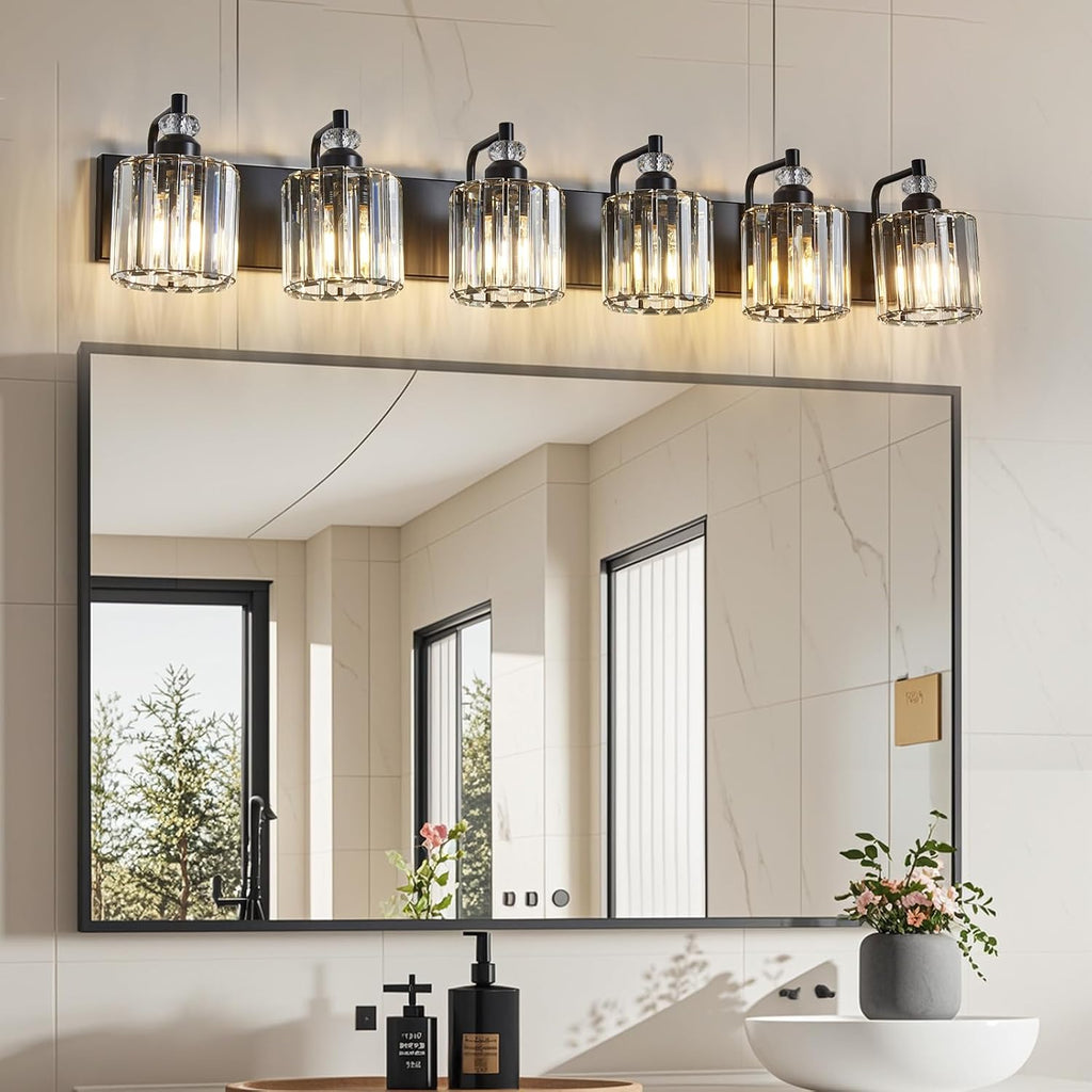6-Light Black Bathroom Light Fixtures Over Mirror Modern Vanity Lights Crystal Wall Sconce Vintage Bathroom Lighting with Crystal Shade E26 Base for Bedroom, Living Room, Hallway