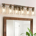 Amico Farmhouse Bathroom Vanity Light Fixtures,Rustic 6-Light Industrial Painted Wood Lights,Vintage Black Wall Sconces Bathroom Vanity Lighting with Bubble Glass Shade