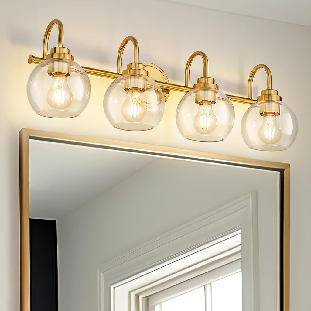 Bathroom Light Fixtures, 4-Light Brushed Gold Vanity Lights with Globe Clear Glass, 30 Inch Champagne Bronze Vanity Lighting Fixtures Over Mirror, AD-22280-4W-GD