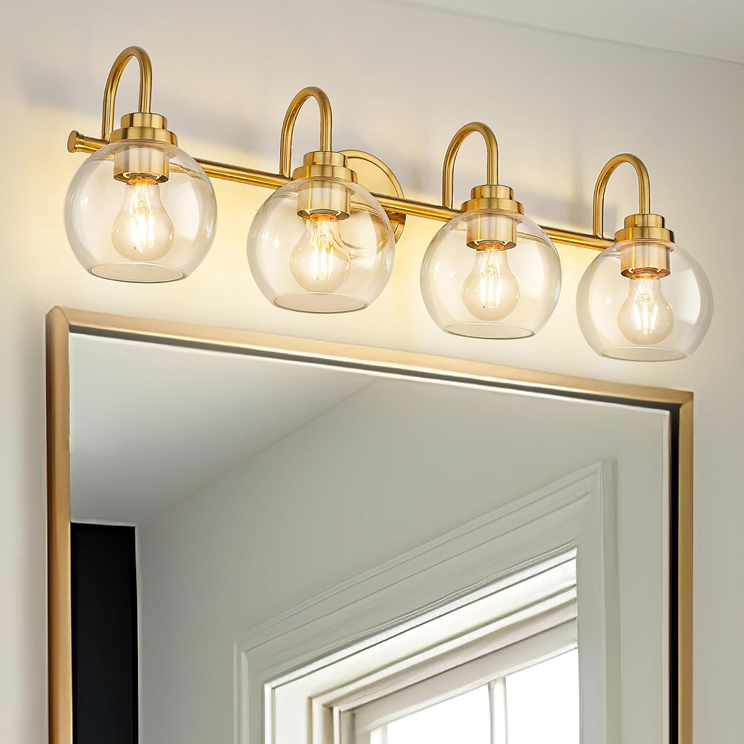 Bathroom Light Fixtures, 4-Light Brushed Gold Vanity Lights with Globe Clear Glass, 30 Inch Champagne Bronze Vanity Lighting Fixtures Over Mirror, AD-22280-4W-GD