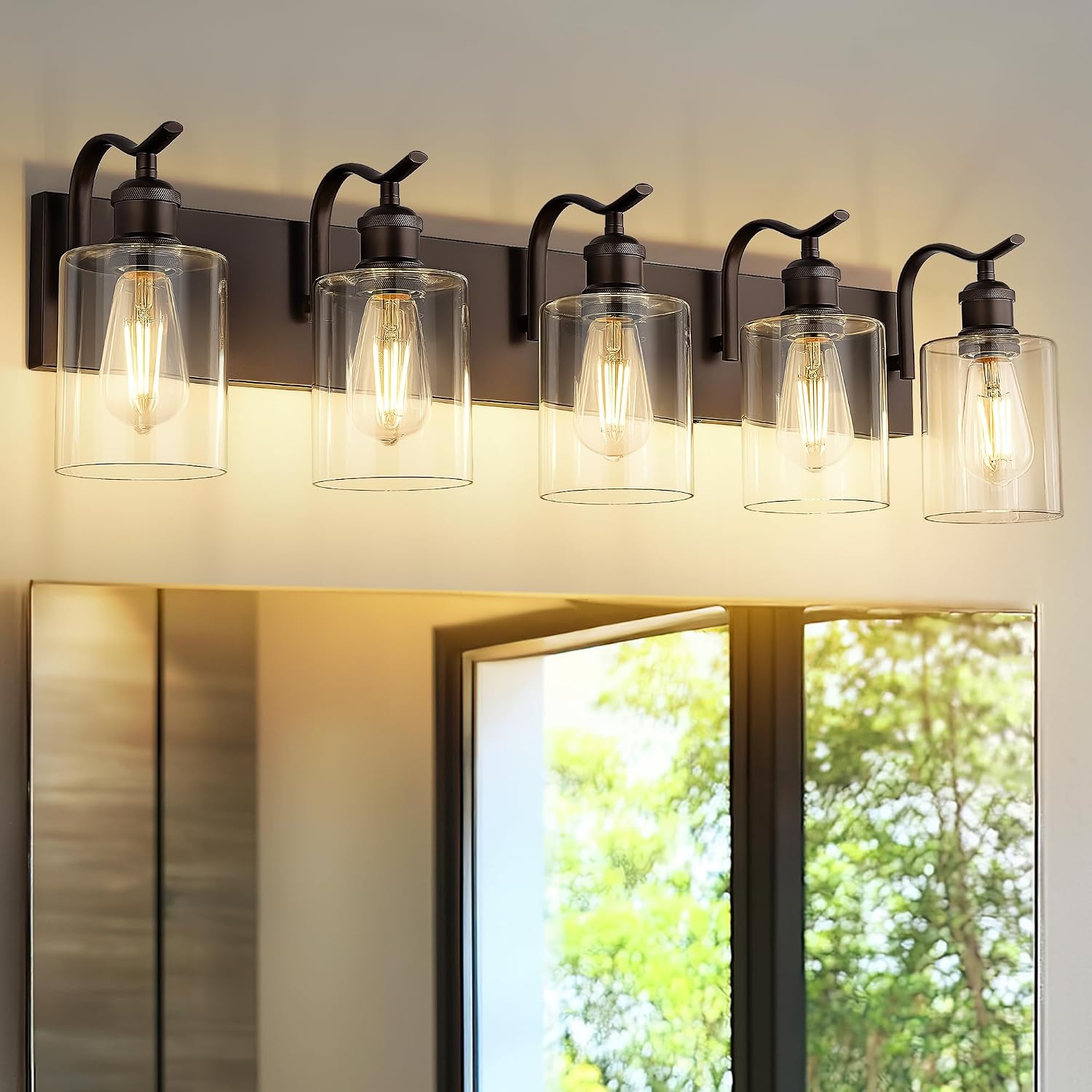 5 Light Bathroom Vanity Light, Morden Bath Lights Over Mirror Oil Rubbed Bronze Bathroom Sconce Lights with Clear Glass Shade ZCVL01ORB-5