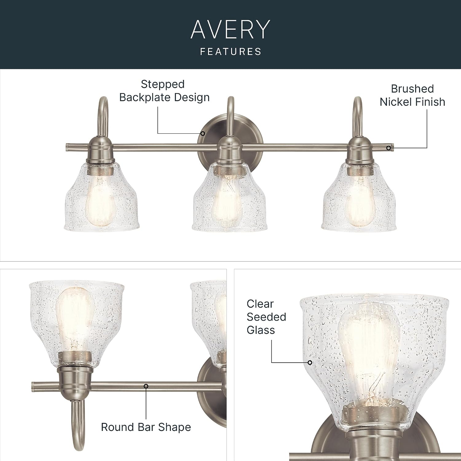 Kichler Avery 24' 3 Light Bathroom Vanity Light in Brushed Nickel, Vintage Bathroom Wall Mount Fixture with Clear Seeded Glass, (24' W x 9.25' H), 45973NI