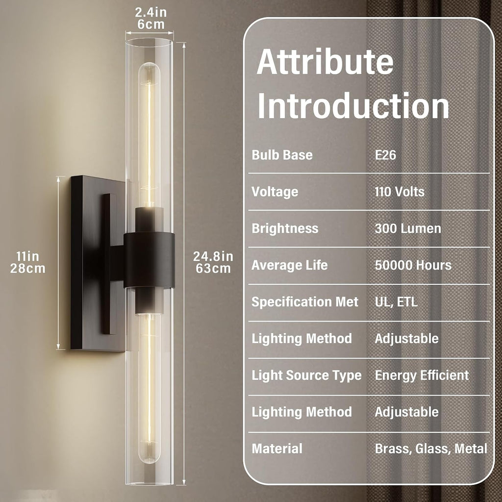 Black 22.8' Sconces Wall Lighting,Bathroom Vanity Lights Fixtures with Clear Glass Shade Wall Lamp for Mirror, Living Room, Bedroom, Hallway, Fireplace, Staircas（Including Bulb）