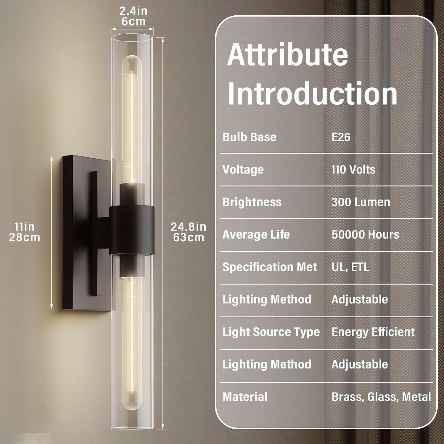 Black 22.8' Sconces Wall Lighting,Bathroom Vanity Lights Fixtures with Clear Glass Shade Wall Lamp for Mirror, Living Room, Bedroom, Hallway, Fireplace, Staircas（Including Bulb）