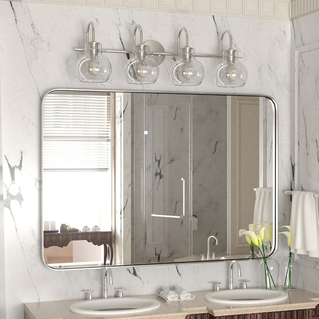 4-Light Bathroom Light Fixtures, Brushed Nickel Vanity Light, Farmhouse Wall Lights with Clear Glass Shade, Bathroom Wall Lamp for Mirror Kitchen Bedroom Hallway Living Room Hallway Cabinet