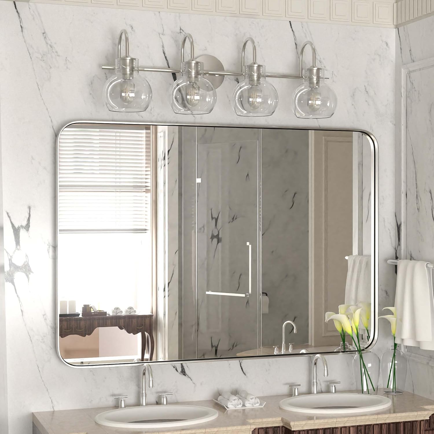 4-Light Bathroom Light Fixtures, Brushed Nickel Vanity Light, Farmhouse Wall Lights with Clear Glass Shade, Bathroom Wall Lamp for Mirror Kitchen Bedroom Hallway Living Room Hallway Cabinet