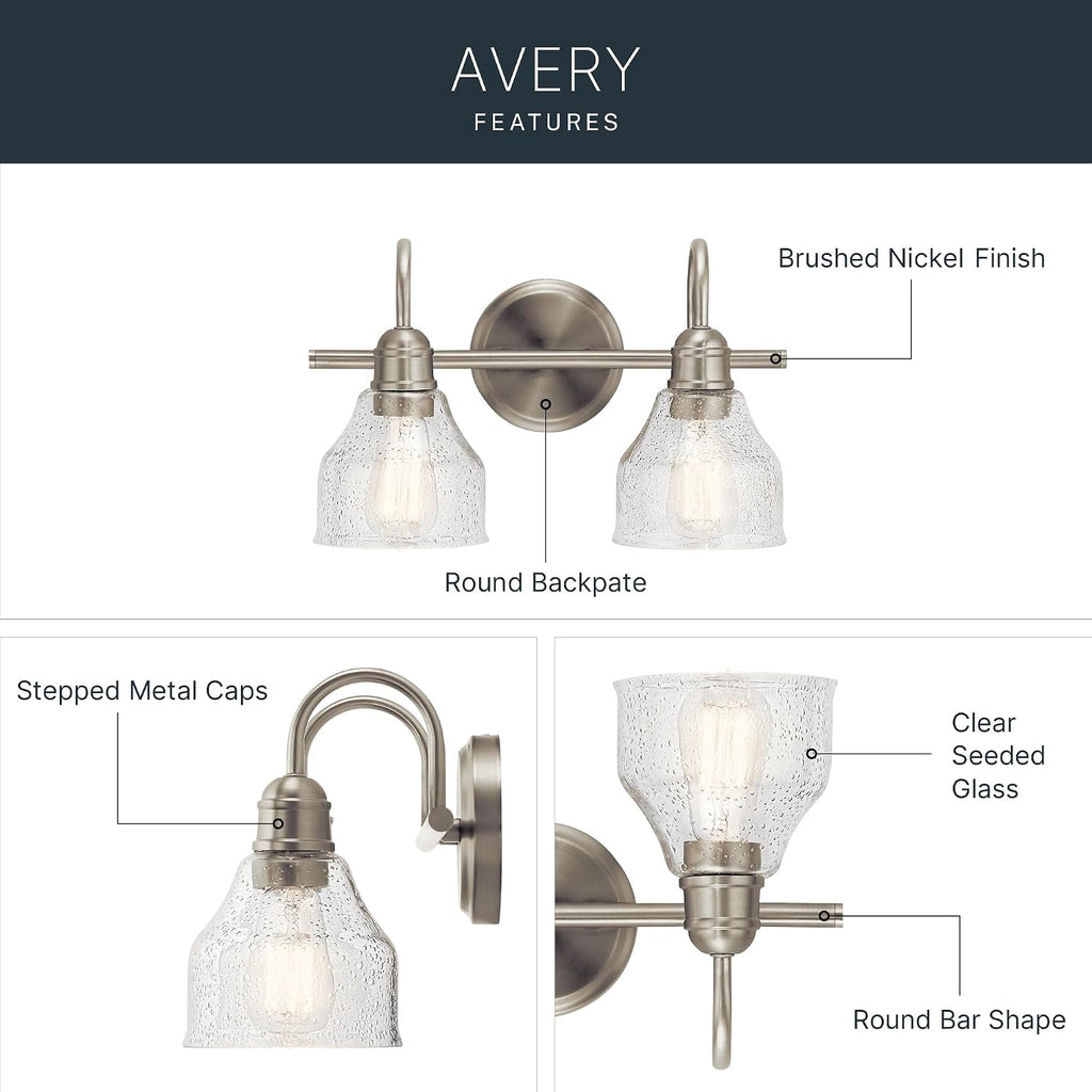 Kichler Avery 14.75' 2 Light Bathroom Vanity Light in Brushed Nickel, Vintage Bathroom Wall Mount Fixture with Clear Seeded Glass, (14.75' W x 9.25' H), 45972NI