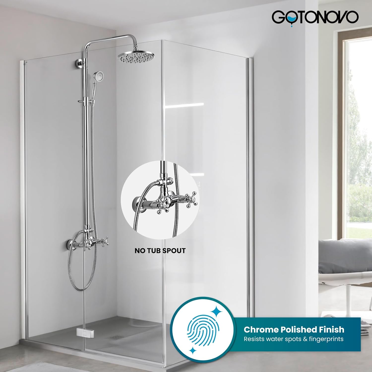 gotonovo Exposed Bathroom Shower Faucet Set Shower Fixture 8 Inch Rainfall Shower Head Handheld Shower Cross Handle Wall Mount 2 Functions Polished Chrome