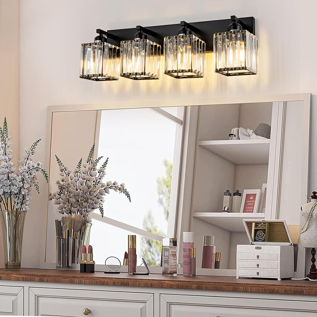 Modern Crystal Bathroom Vanity Light 4-Lights Modern Black Crystal Bathroom Wall Light Fixtures Over Mirror