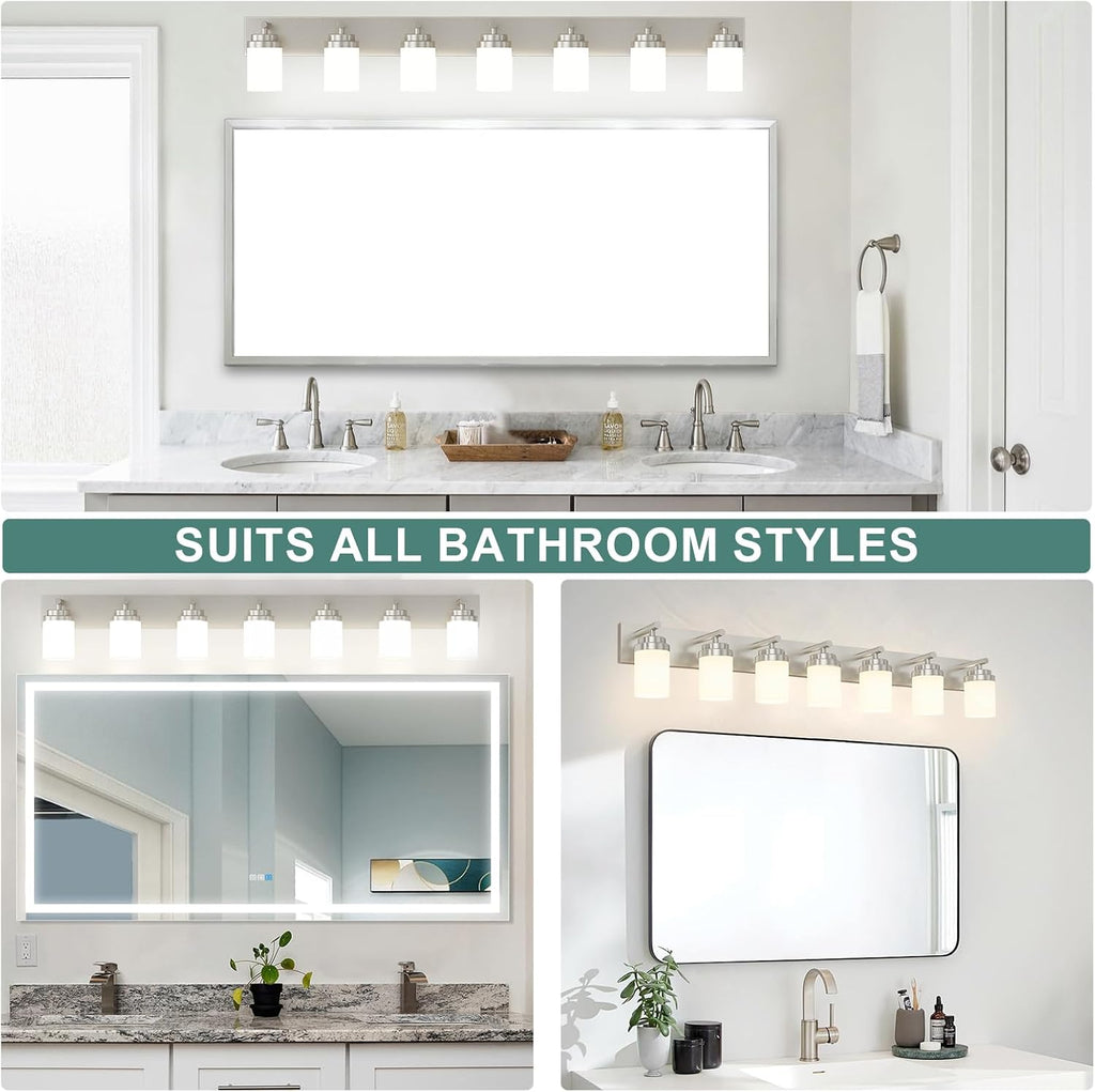 IZORRO Bathroom Vanity Light Fixture, 7-Light 52 inch Brushed Nickel Bathroom Light Fixtures Over Mirror, with White Glass Shade, Modern Farmhouse Vanity Lights, Rustic Restroom Lighting Fixtures