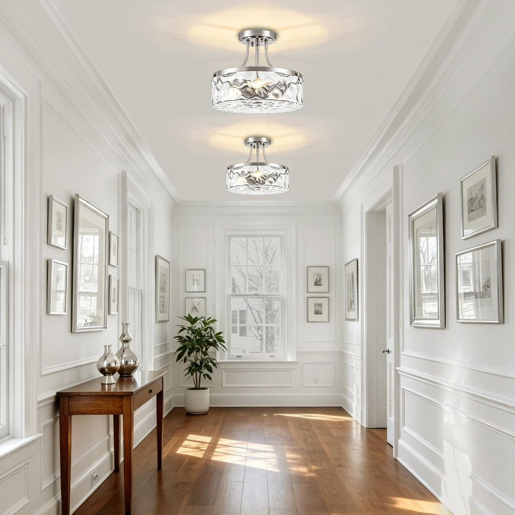 TOULMJ Brushed Nickel Semi Flush Mount Ceiling Light, 3-Light Modern Hammered Glass Kitchen Lighting Fixture for Hallway Entryway Bathroom Bedroom Laundry Dining Room