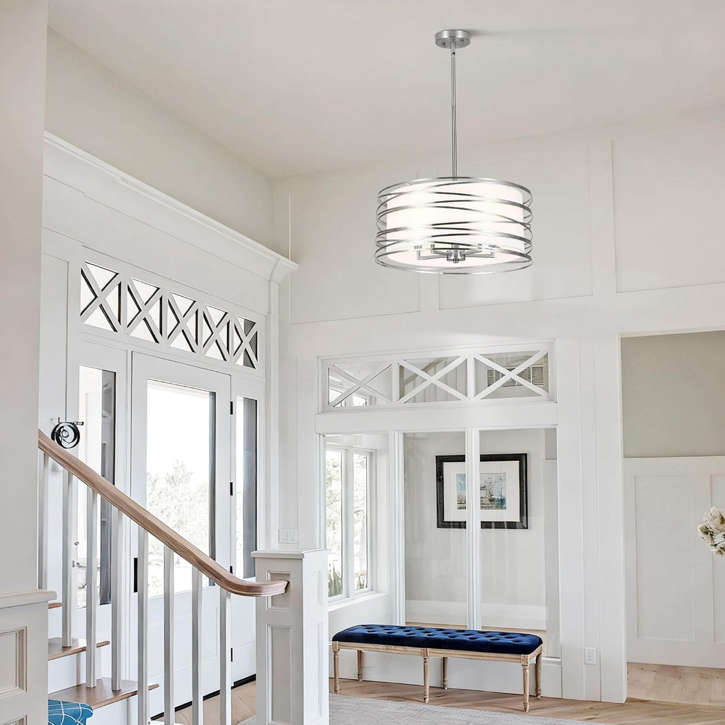 ACNKTZ 19.7'' Brushed Nickel Drum Chandeliers for Dining Room, 5-Lights Kitchen Chandeliers Over Table, Entryway Light Fixture Hanging, Industrial Round Chandelier for Living Room Stairwell Bedroom