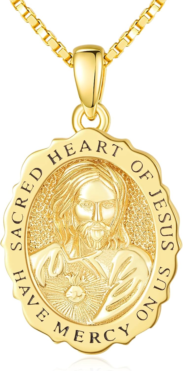 14K Gold Saint Medal Necklace for Women, Catholic Patron Saint Pendant Necklace, Christian Religious Jewelry Gift for Confirmation Baptism Communion Christmas Birthday