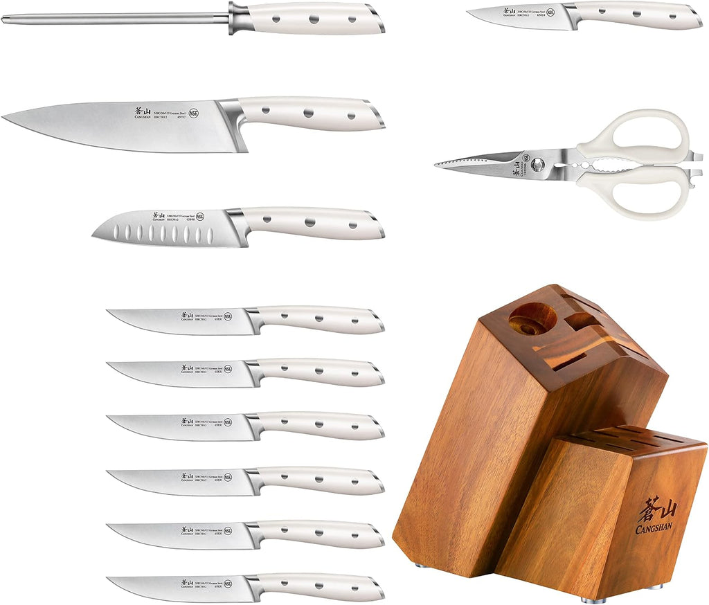 Cangshan Alps Series 1026665 German Steel Forged 12-Piece Knife Block Set, Acacia (White)