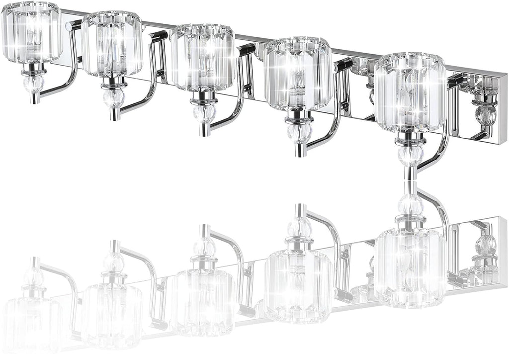 Ralbay Modern Crystal Vanity Lights 5 Light 40' Modern Crystal Bathroom Lights Fixtures Over Mirror Stainless Steel Chrome Vanity Light for Bathroom Wall Lights Fixtures