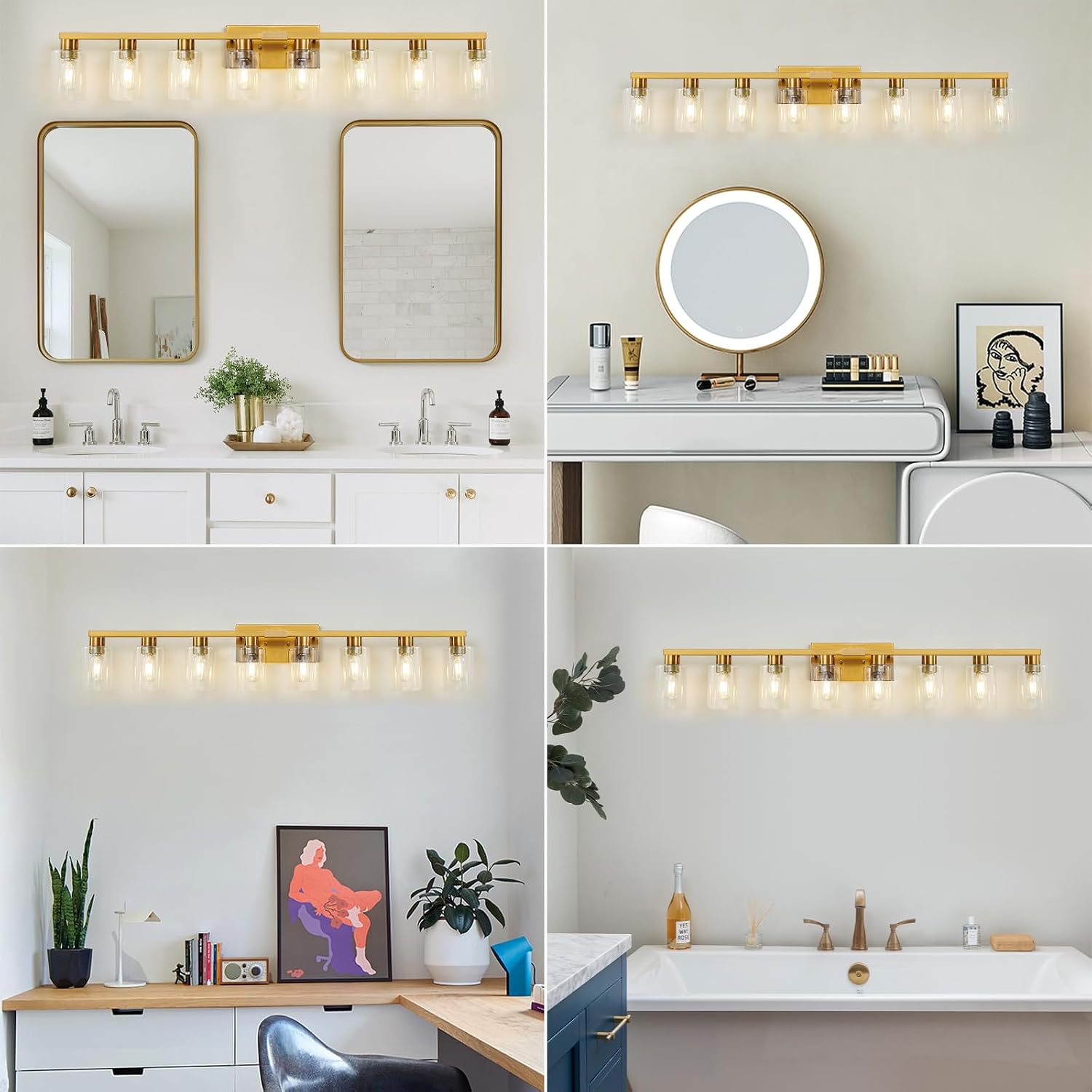 8 Light Gold Bathroom Light Fixtures, Modern Large Vanity Lights with Clear Glass Shade, Brushed Brass Bathroom Lighting Fixtures Over Mirror, Wall Scones Light for Bedroom, Living Room
