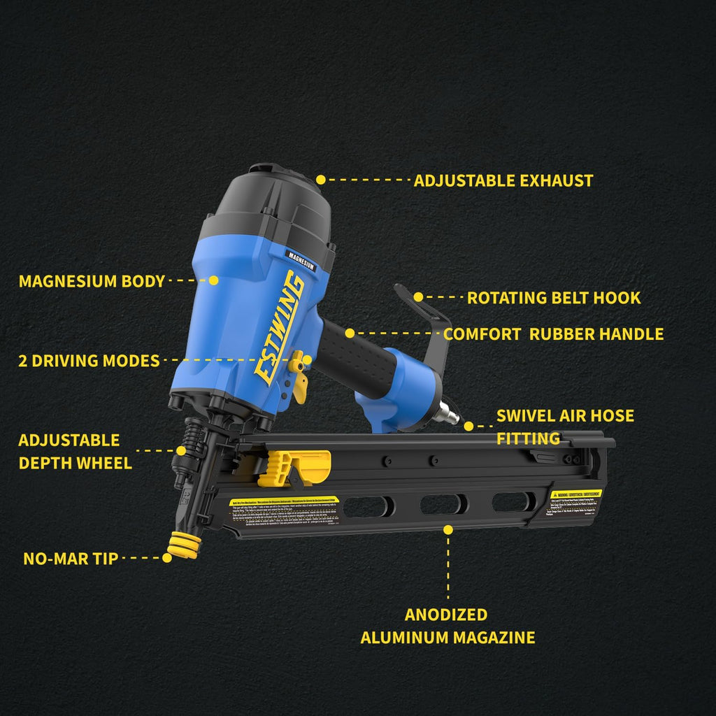 Estwing Pneumatic 21 Degree Framing Nailer, 2'–3-1/2' Framing Nails, Lightweight Magnesium Nail Gun with Depth Adjustment, Dual Trigger & Swivel Fitting, Includes Belt Hook & Carry Bag, EFR2190