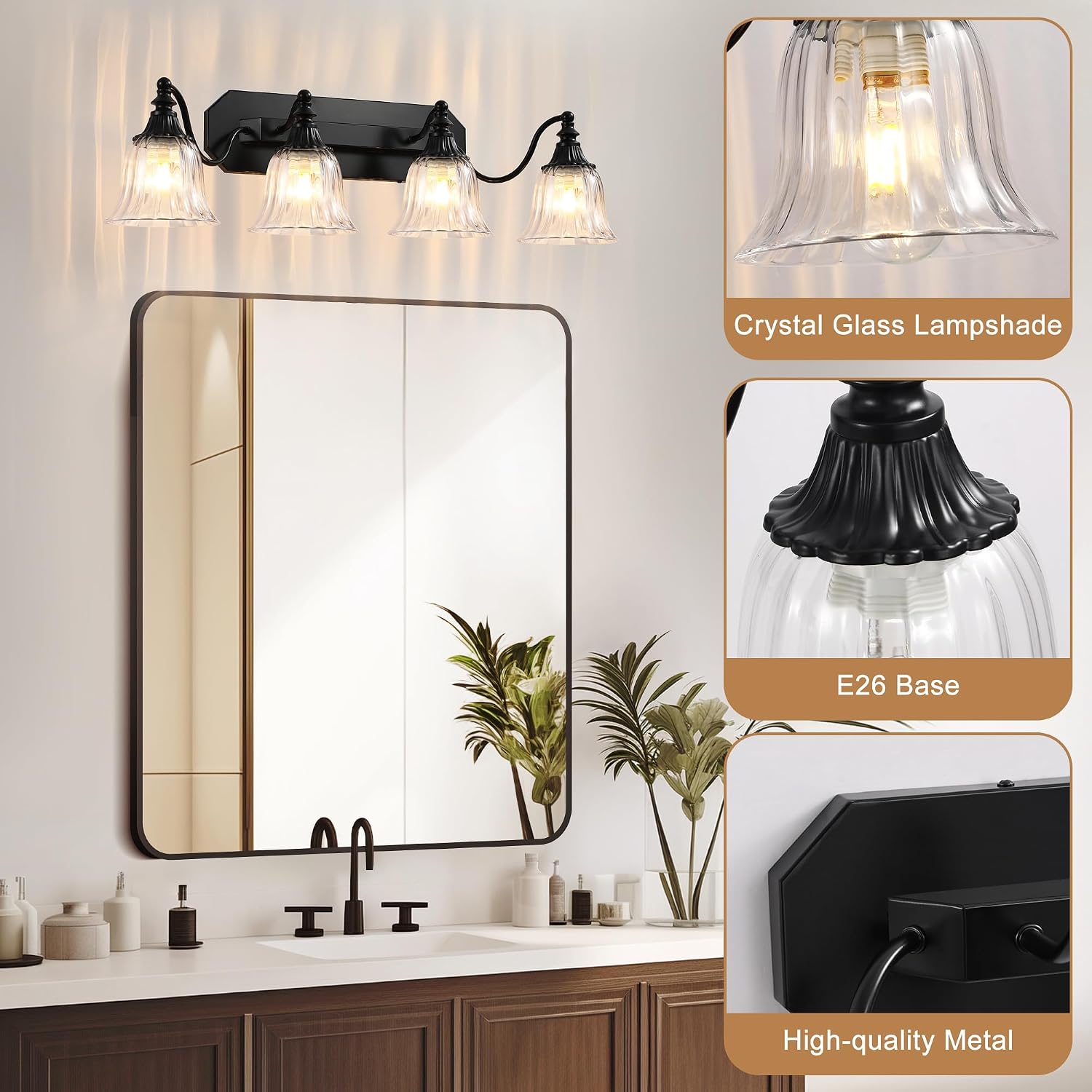 Black Vintage Bathroom Vanity Light Fixture, 4-Light Vanity Light for Bathroom, Antique Matte Black Finish with Crystal Glass Shade, Lighting Fixtures Over Mirror for Bedroom Living Room