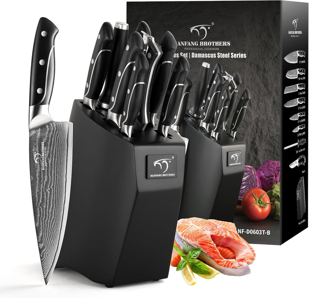 Damascus Kitchen Knife Sets, 9 Pieces Kitchen Knives Set with Block, ABS Ergonomic Handle for Chef Knife Set, Knife Sharpener and Kitchen Shears, Knife Block Set