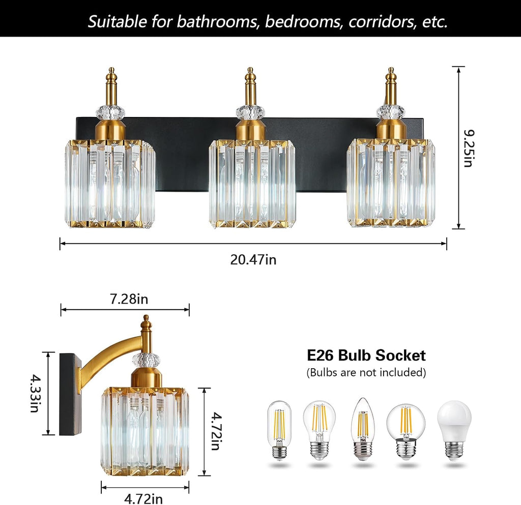 Modern Bathroom Vanity Light 3-Light Black and Gold Crystal Light Fixtures Over Mirror for Bathroom Wall Sconce