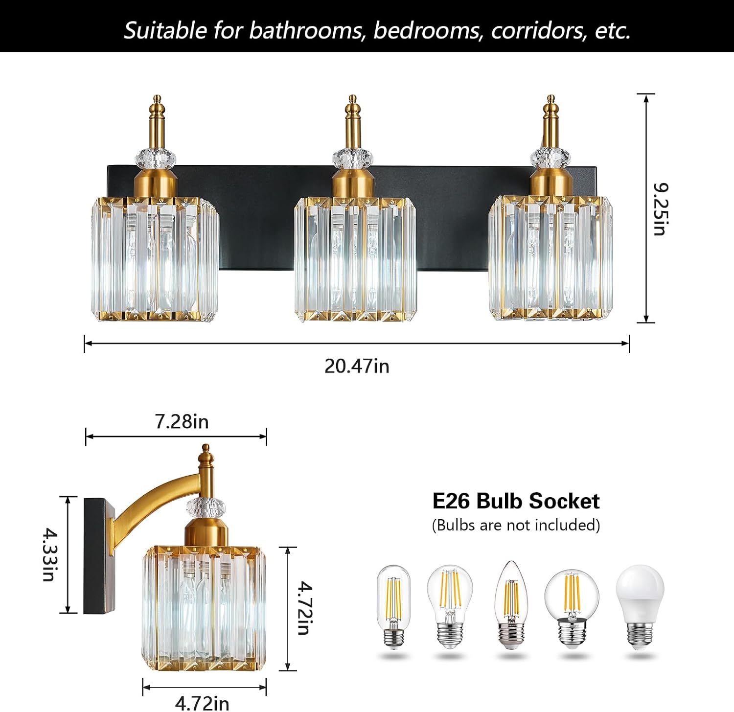 Modern Bathroom Vanity Light 3-Light Black and Gold Crystal Light Fixtures Over Mirror for Bathroom Wall Sconce