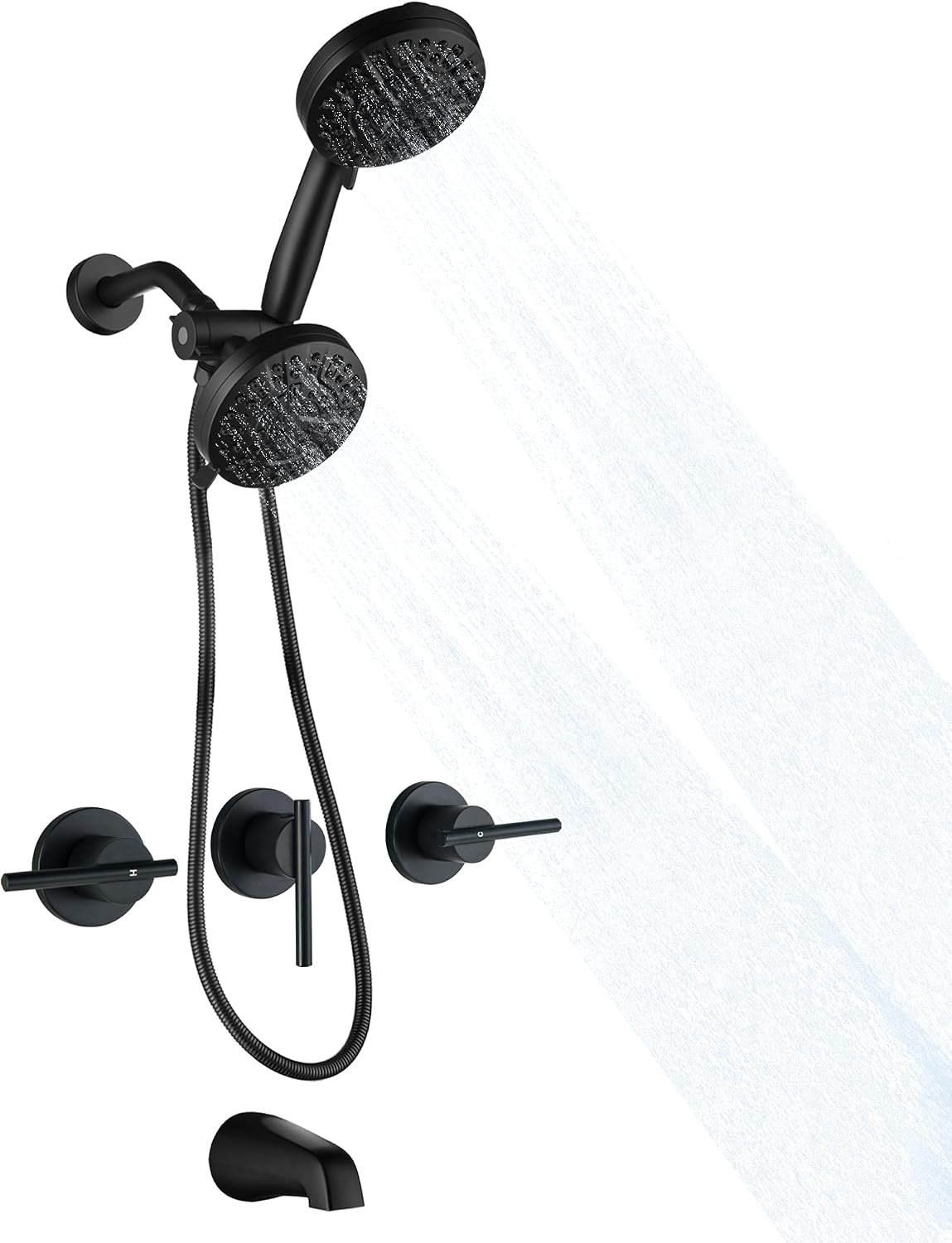 3 Handle Tub Shower Faucet Matte Black Bathtub Shower Faucet Set with Tub Spout, 3 Knob Shower Tub Faucet Set, Wall Mount