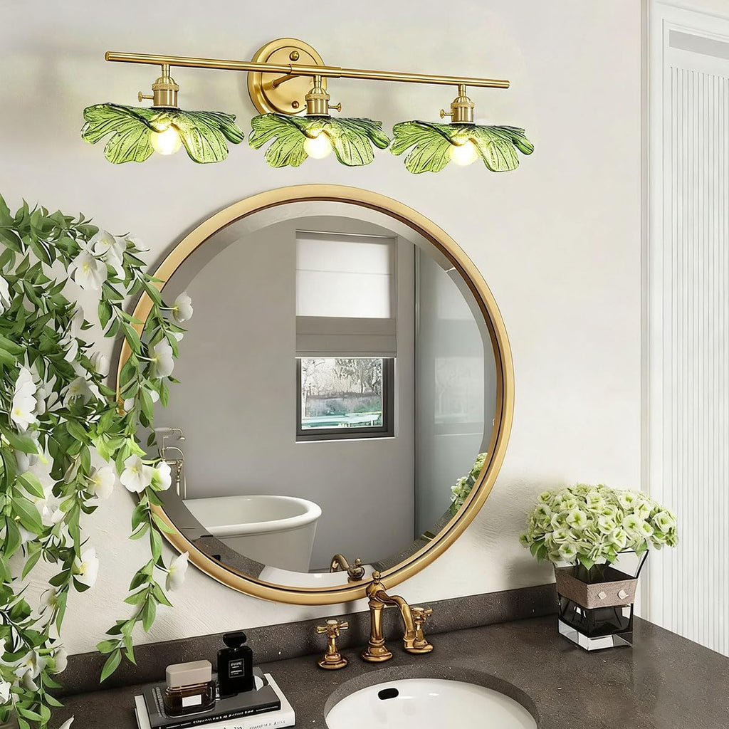 3 Light Bathroom Lighting fixtures Over Mirror, Gold brass Wall Sconce Vintage Bathroom Vanity Light Green Glass Wall Sconce mid Century Modern Wall lamp Art Deco Vanity Lights for Living Room Bedroom