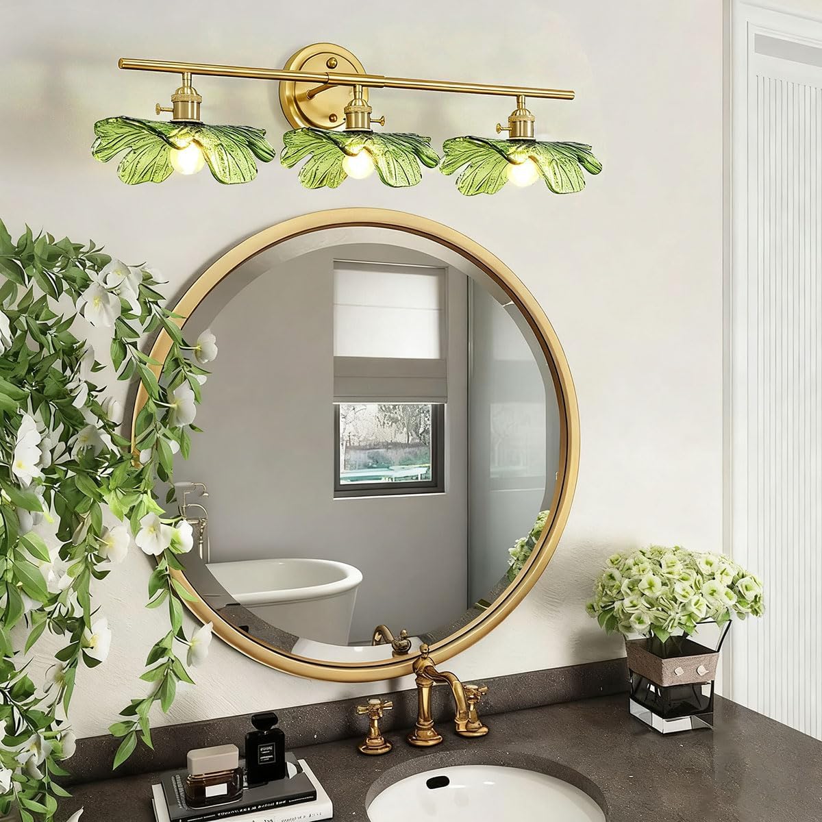 3 Light Bathroom Lighting fixtures Over Mirror, Gold brass Wall Sconce Vintage Bathroom Vanity Light Green Glass Wall Sconce mid Century Modern Wall lamp Art Deco Vanity Lights for Living Room Bedroom