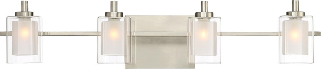Quoizel Kolt Modern Vanity Lights, 4-Light, 29 Inch Brushed Nickel Bathroom Lighting Fixtures Over Mirror, Sandblasted Inner Glass, 50 W LED Bulb, Wall Mount Light for Bathrooms, Kitchen or Hallway