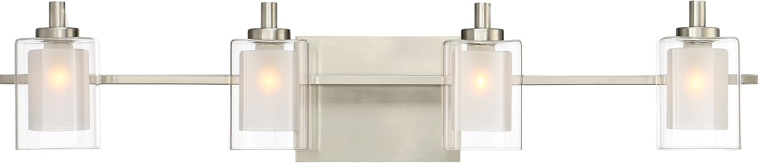 Quoizel Kolt Modern Vanity Lights, 4-Light, 29 Inch Brushed Nickel Bathroom Lighting Fixtures Over Mirror, Sandblasted Inner Glass, 50 W LED Bulb, Wall Mount Light for Bathrooms, Kitchen or Hallway