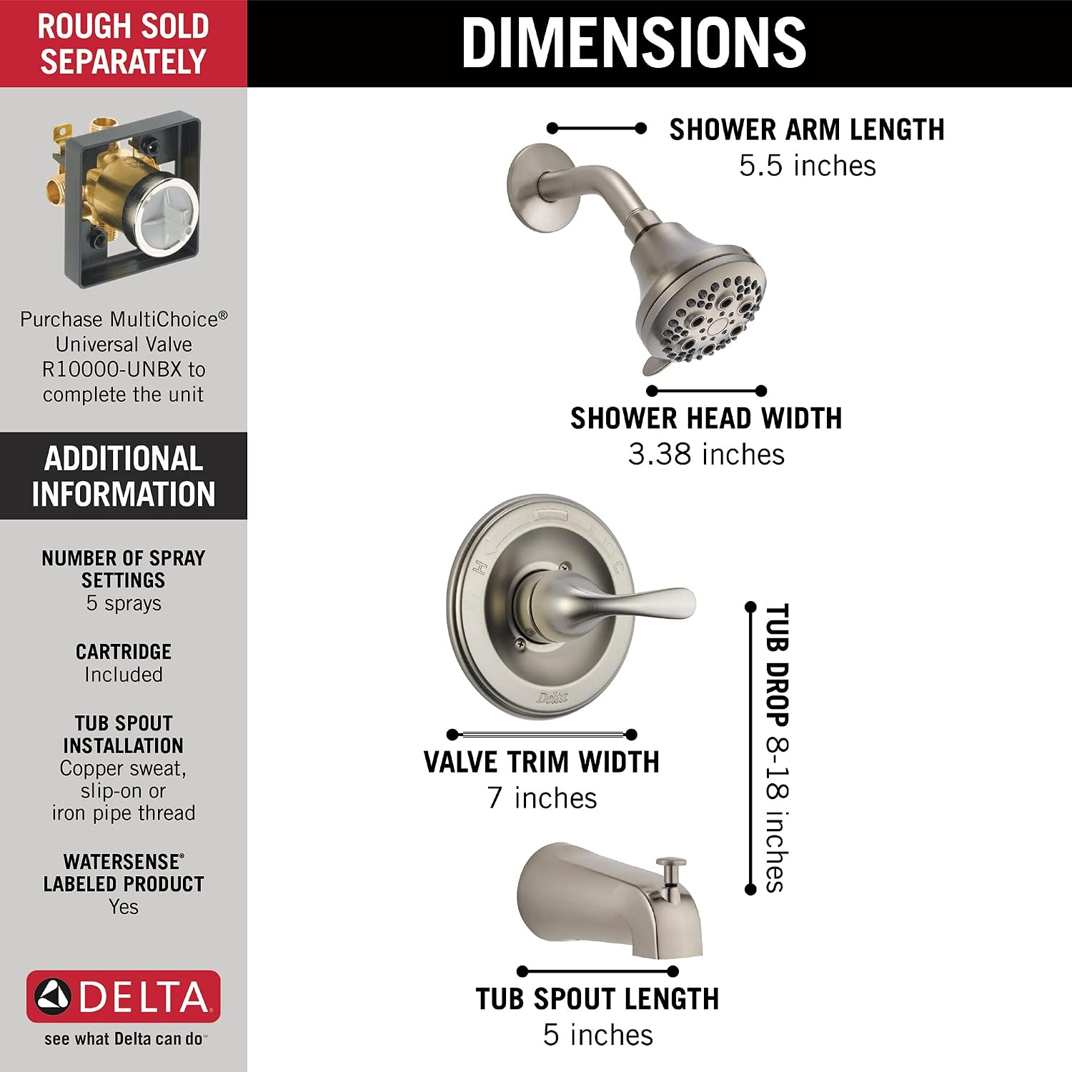 Delta Classic 13 Series 5-Setting Bathtub and Shower Faucet Set, Brushed Nickel Shower Head and Handle Set, Valve Trim Kit, Stainless T13420-SS (Valve Not Included)