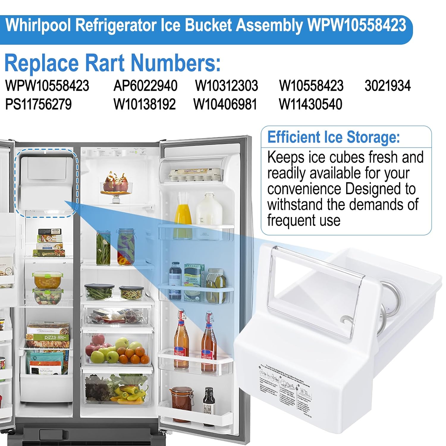 Upgraded WPW10558423 Refrigerator Ice Bucket Compatible with Whirlpool Ice Maker Replacement W10558423 Whirlpool Ice Bucket Ice Bin WRS325FDAM04, WRS315SDHM08, WRS325SDHZ, WRS315SDHZ Ice Maker Tray