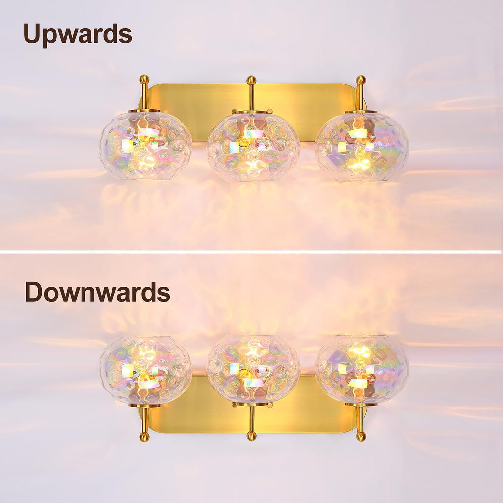 23' Brushed Gold Vanity Light Stained Hammered Glass Wall Sconce 3-Light Brass Wall Lamp for Hallway Living Room Stairwell Bathroom Over Mirror (Brass Gold, 3-Light)
