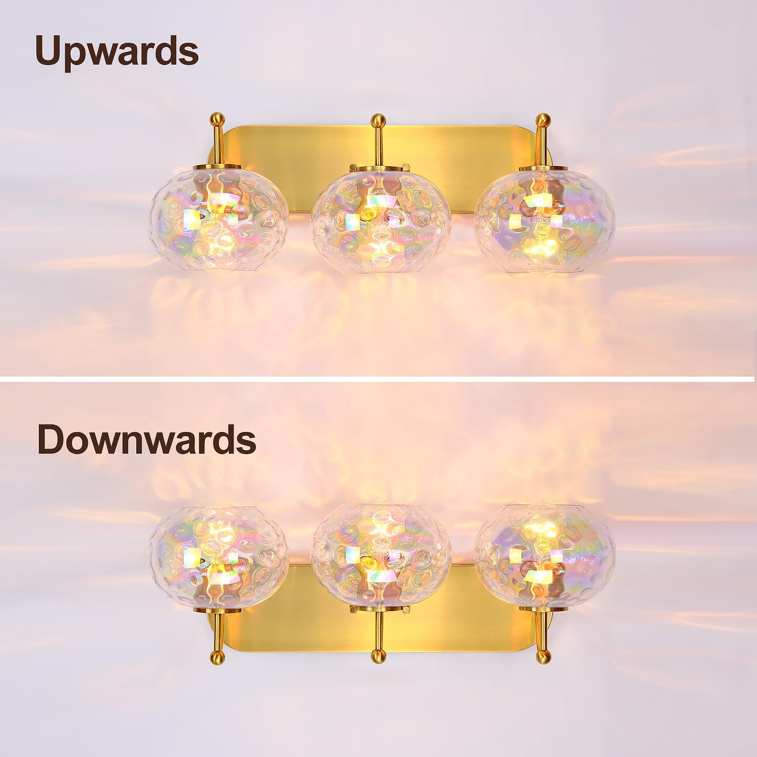23' Brushed Gold Vanity Light Stained Hammered Glass Wall Sconce 3-Light Brass Wall Lamp for Hallway Living Room Stairwell Bathroom Over Mirror (Brass Gold, 3-Light)