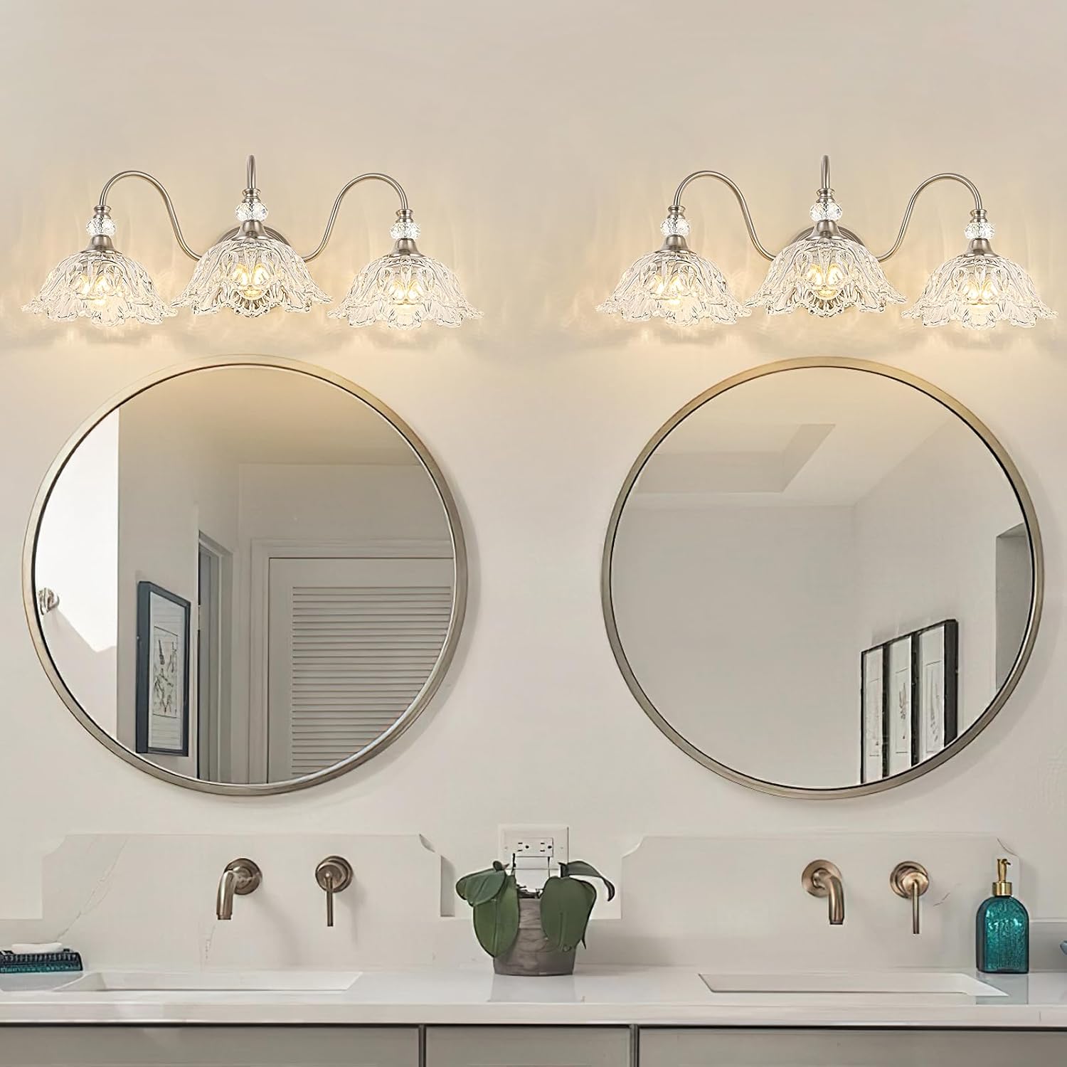 Brushed Nickel 3-Light Bathroom Vanity Light with Floral Clear Glass Shades, Brushed Nickel Wall Mount Lighting for Bathroom, Dressing Table