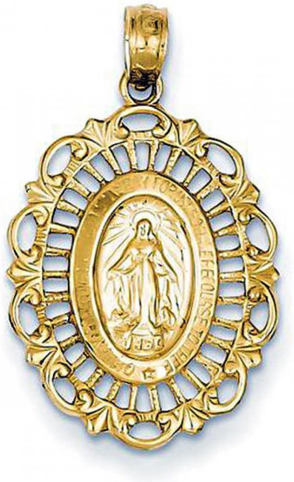 PicturesOnGold.com 14K Yellow Gold Medium Scalloped Oval Miraculous Medal Cut-Out Pendant 2/3 Inch X 3/4 Inch in 14K Yellow Gold