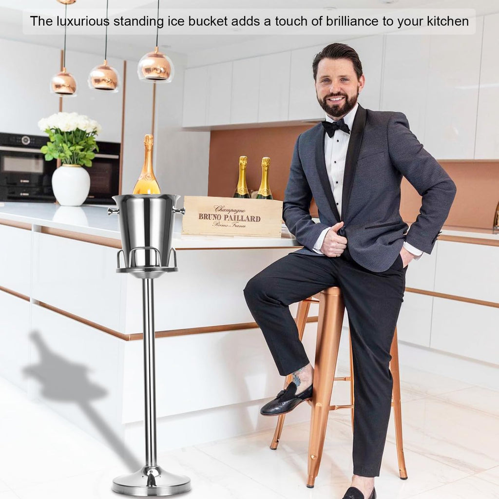 Champagne Bucket with Stand,Ice Bucket with Stand Stainless Steel Bucket Wine Chiller On Stand 12Lb Hammered Tall Ice Bucket Stand for Party Bar Ktv Bbq Home,3ft (silver, 2 packs)