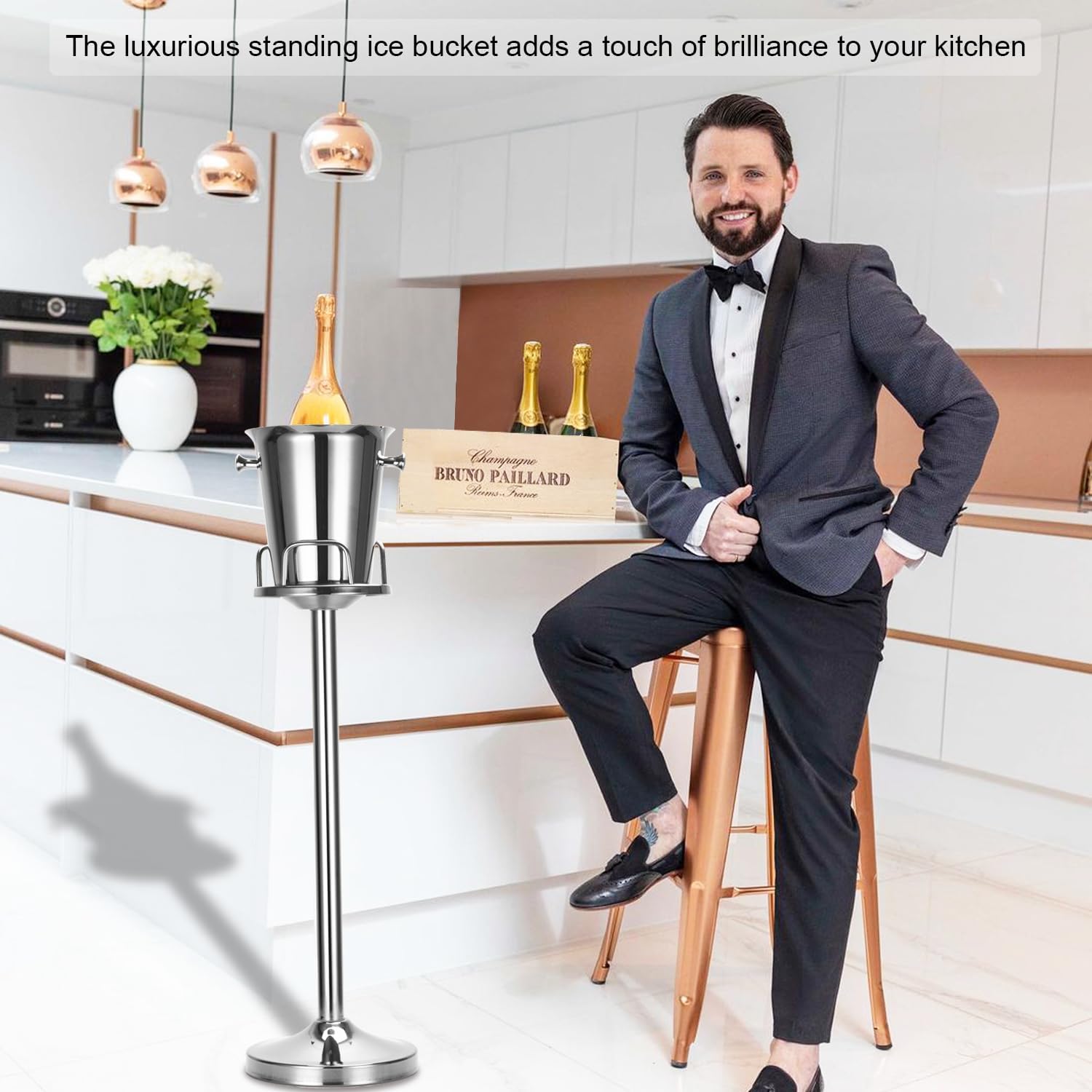 Champagne Bucket with Stand,Ice Bucket with Stand Stainless Steel Bucket Wine Chiller On Stand 12Lb Hammered Tall Ice Bucket Stand for Party Bar Ktv Bbq Home,3ft (silver, 2 packs)