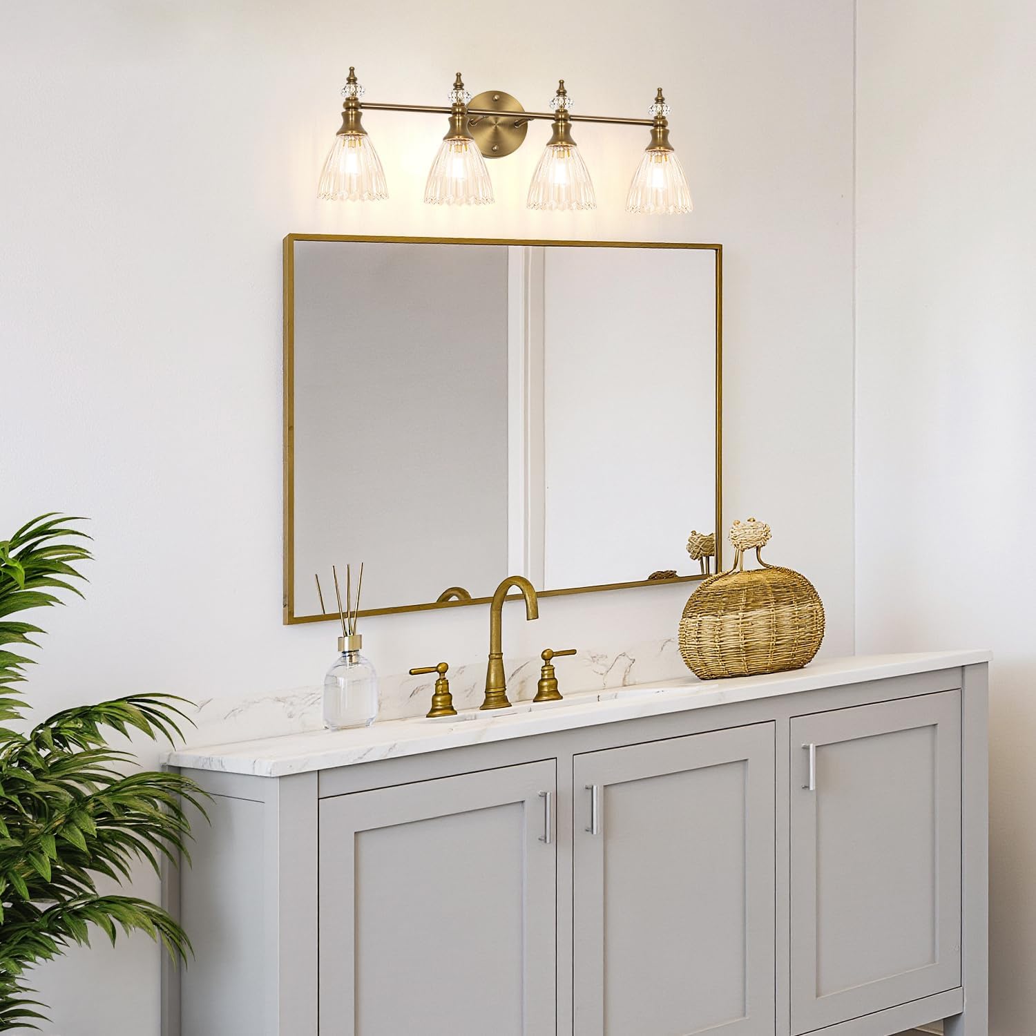 Large Bathroom Vanity Light 4 Lights, 26 Inch Brushed Gold Vintage Vanity Light Fixture with Clear Glass Shades, G9 Base Wall Mounted Light for Oversized Mirror, Luxury Bathroom, Master Bedroom