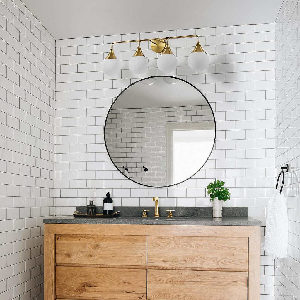 Bathroom Vanity Light Fixtures: 4 Lights Mid Century Modern Bathroom Lighting Fixtures Over Mirrors - Brass Gold Wall Sconce with Milky Glass Ball Shades for Bath Bedroom