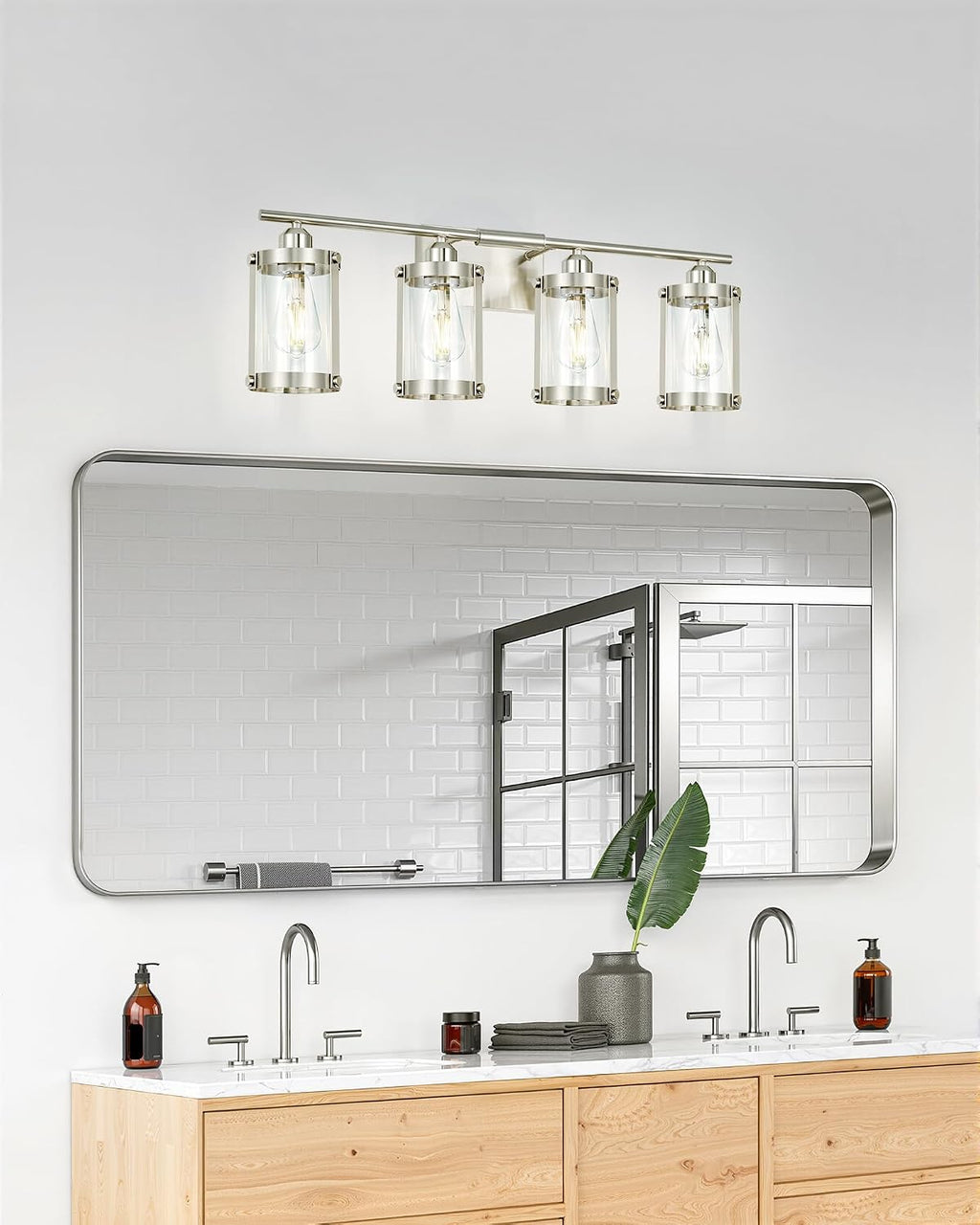 4-Light Brushed Nickel Bathroom Light Fixtures, 29 Inch Modern Bathroom Vanity Lighting Fixtures Over Mirror with Clear Glass and Metal Cage Wall Sconce Lights for Bath, E26, OS-3014BN-4W